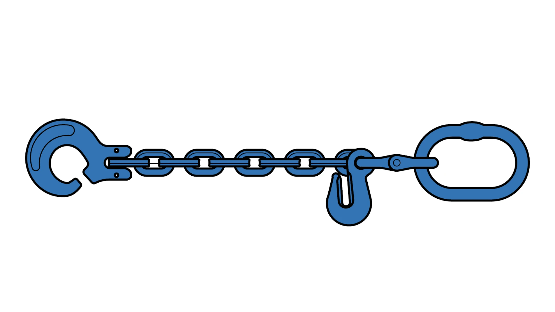 Square-link pulling chain   with suspension link, sling hook and shortening hook