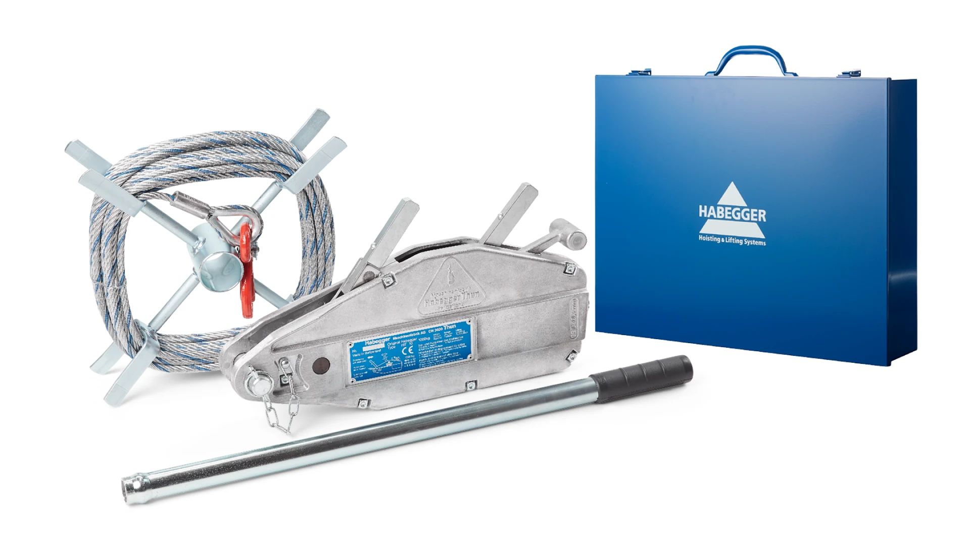 Habegger HIT-10 manual rope hoist  with lever tube, rope and case