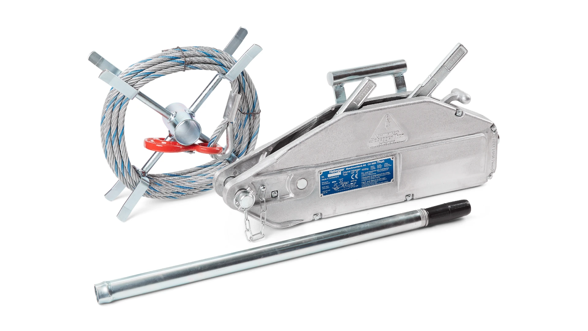 Habegger HIT-16 manual rope hoist  with lever tube and rope on reel