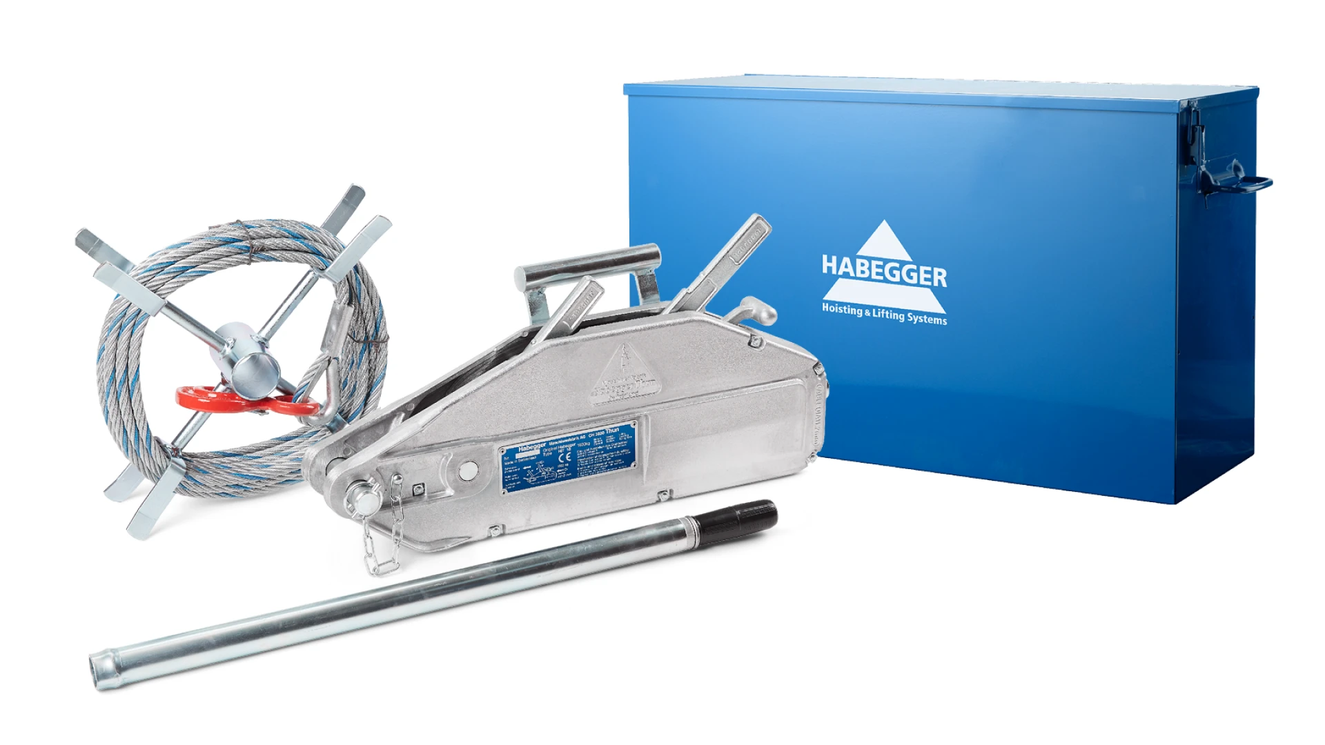 Habegger HIT-16 manual rope hoist  with lever tube, rope and a storage box