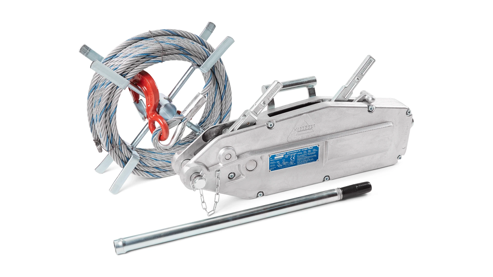 Habegger HIT-32 manual rope hoist  with lever tube and rope on reel