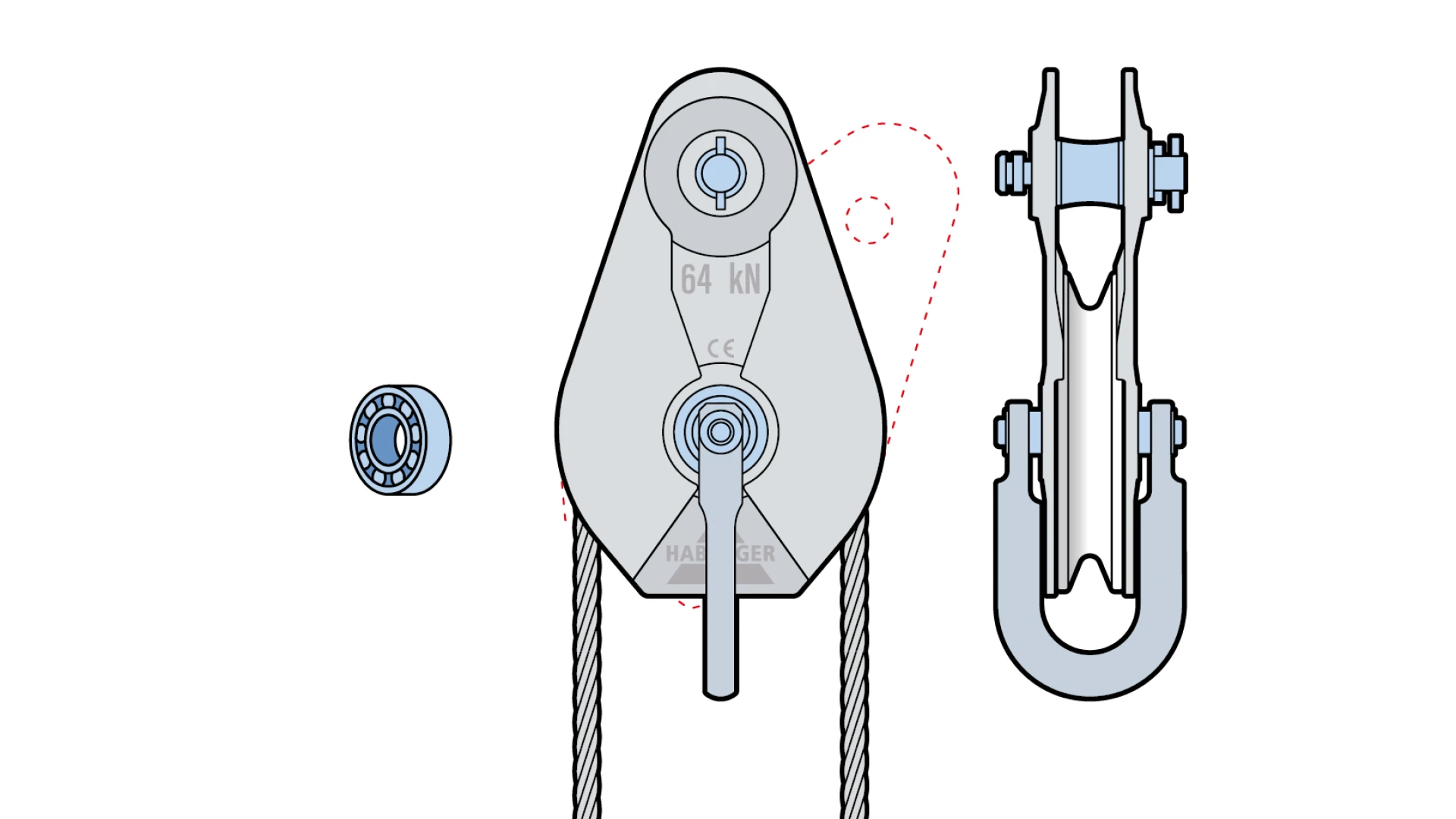 Rope pulley AL-A 1-roller, with ball bearing and anchorage  64 kN