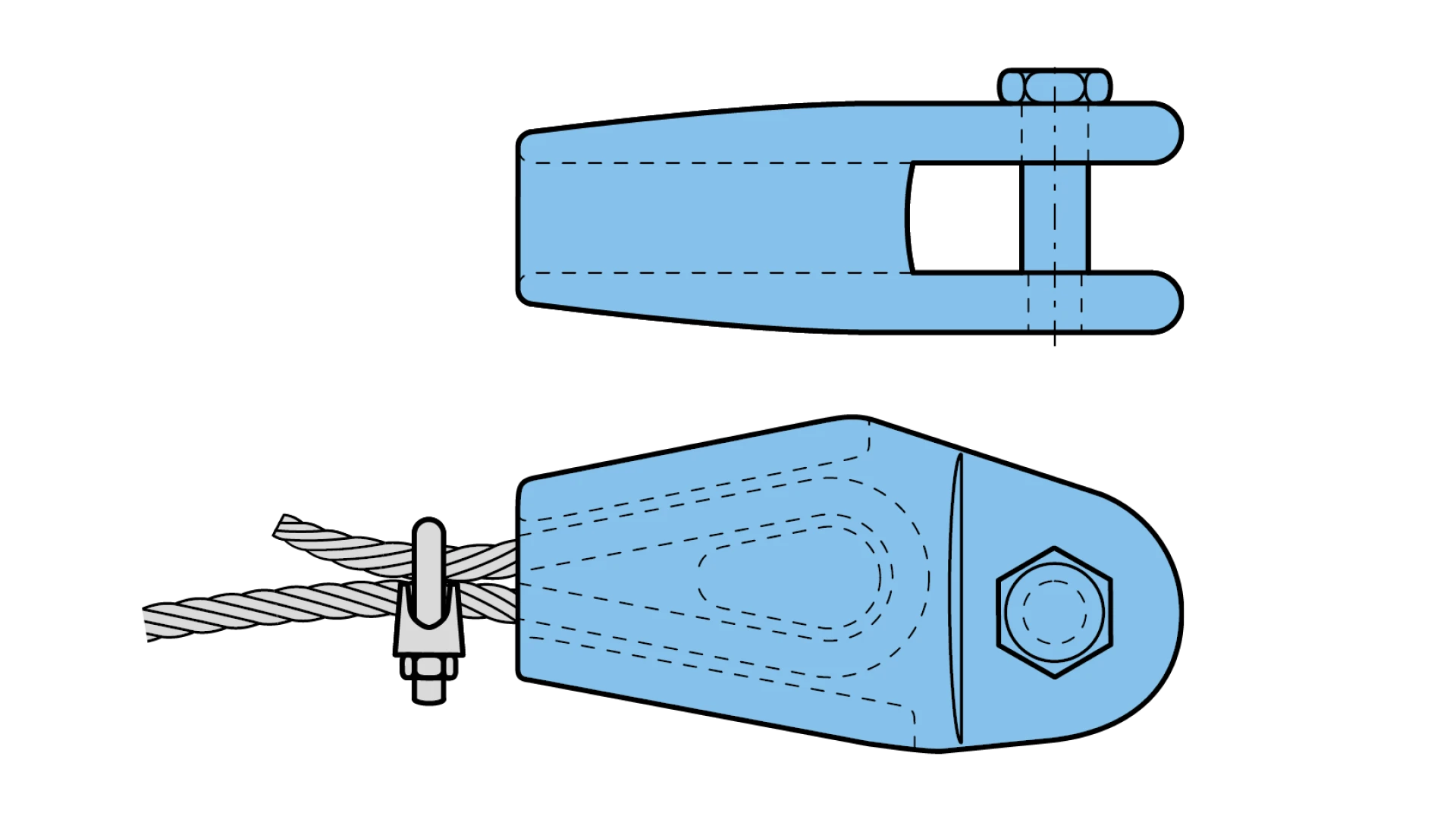 Rope socket with wedge and wire rope clip  short, heavy design