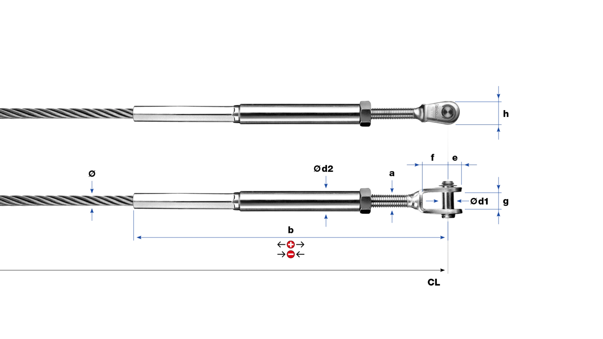 Clevis and internal thread-end left-hand swaged for rope Ø 3 - 8 mm. PHASED-OUT ITEM