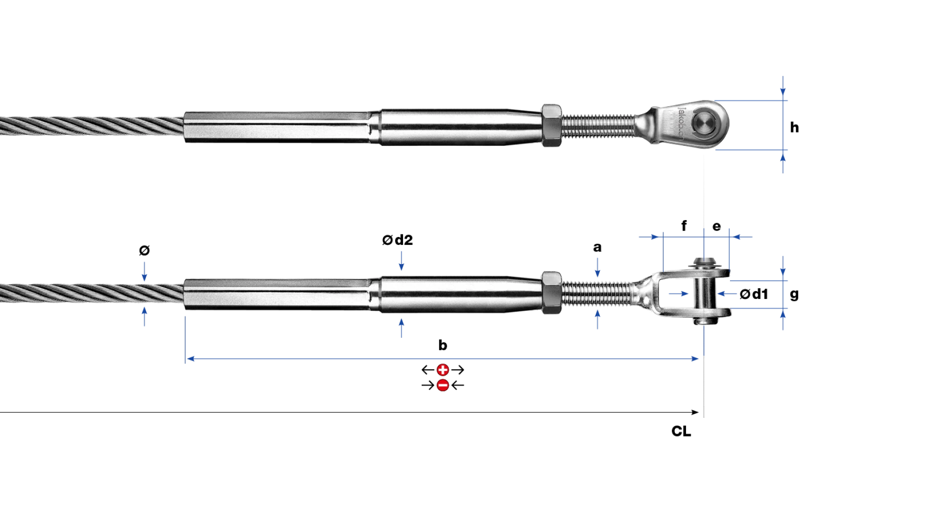 Clevis and internal thread-end right-hand swaged for rope Ø 10 - 16 mm. PHASED-OUT ITEM