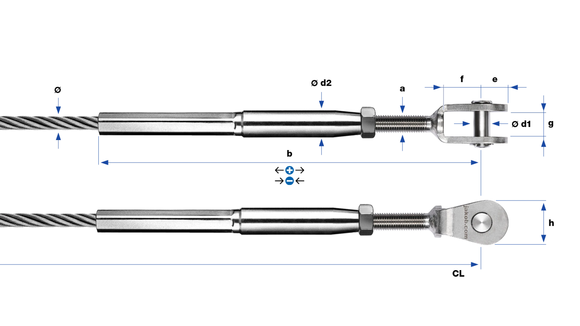 Clevis Classic and internal thread-end left-hand swaged for rope Ø 10 - 16 mm