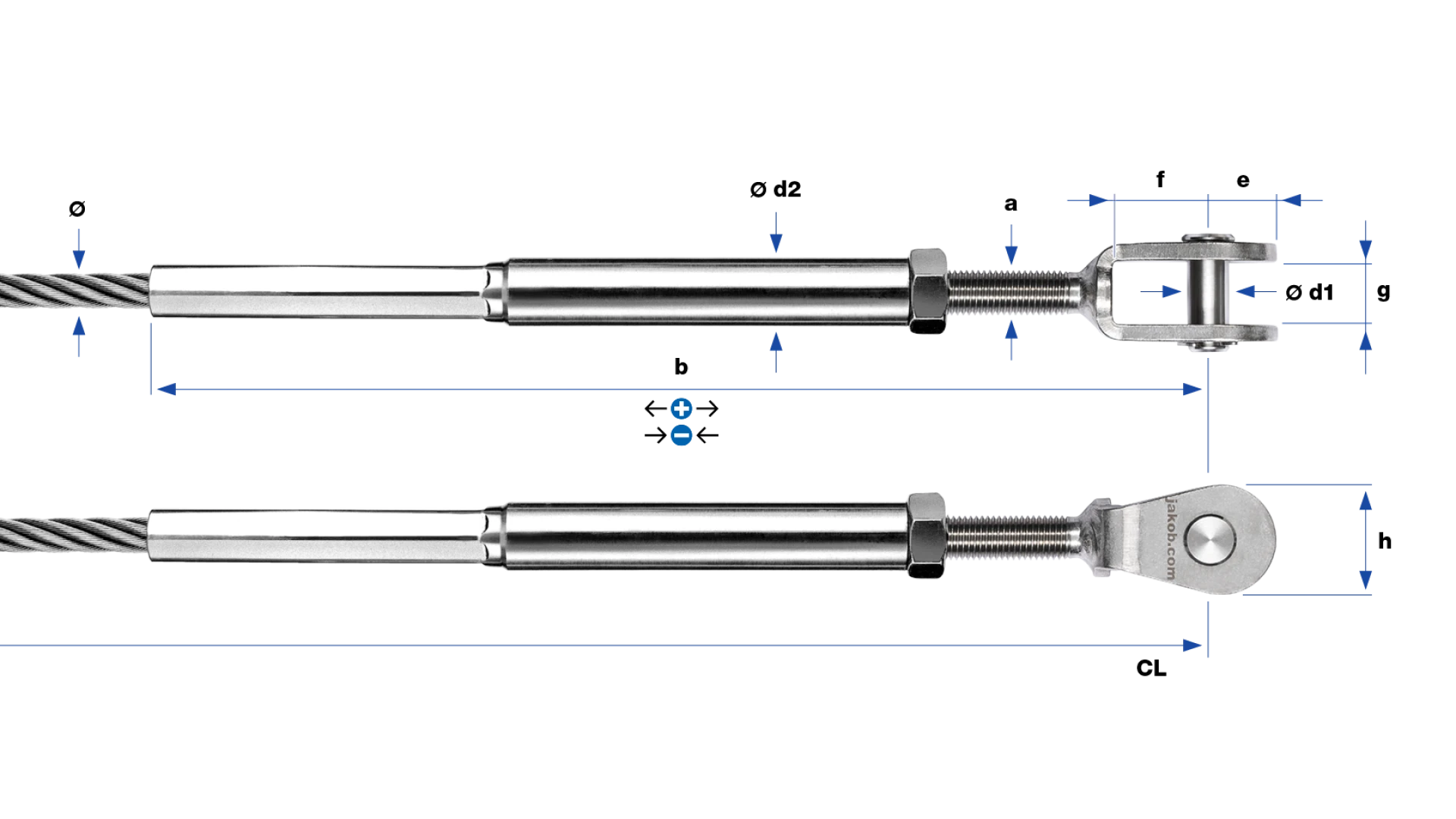 Clevis Classic and internal thread-end left-hand swaged for rope Ø 3 - 8 mm