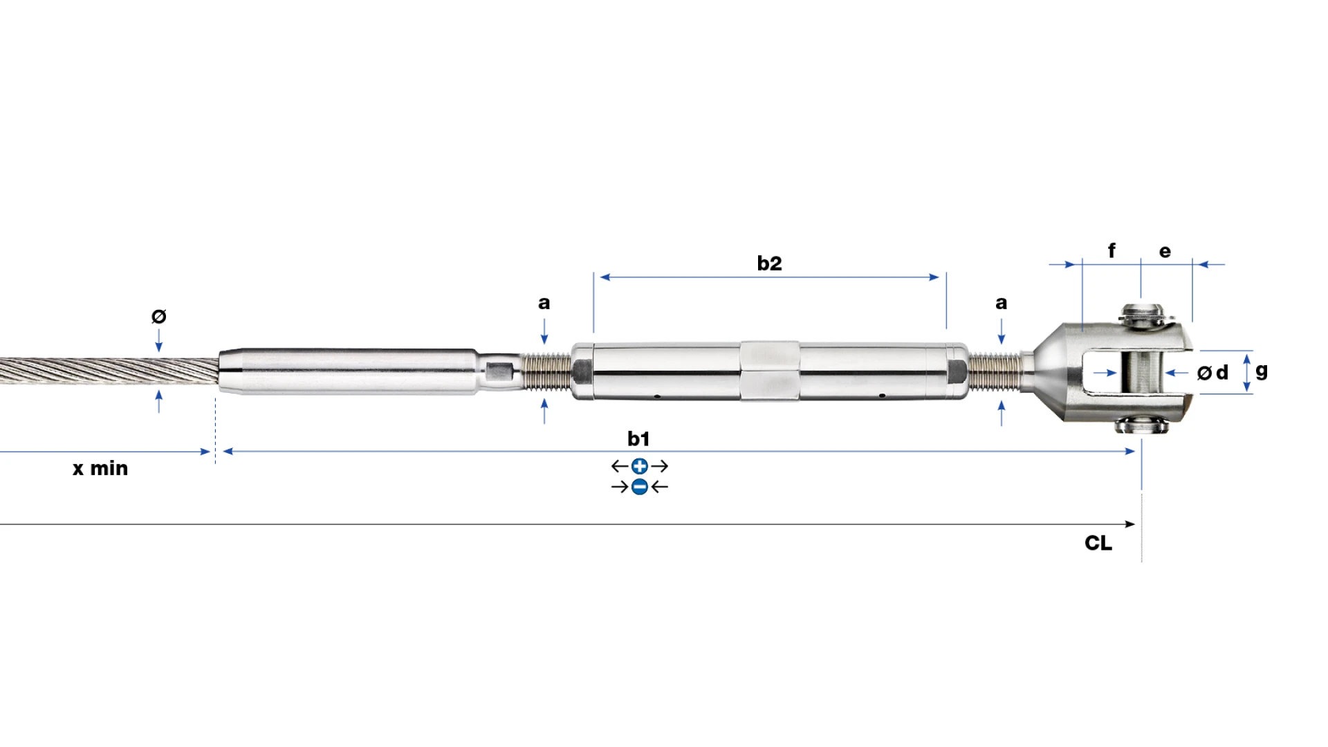 Turnbuckle with clevis round swaged for open spiral strand Ø 16 mm. PHASED-OUT ITEM