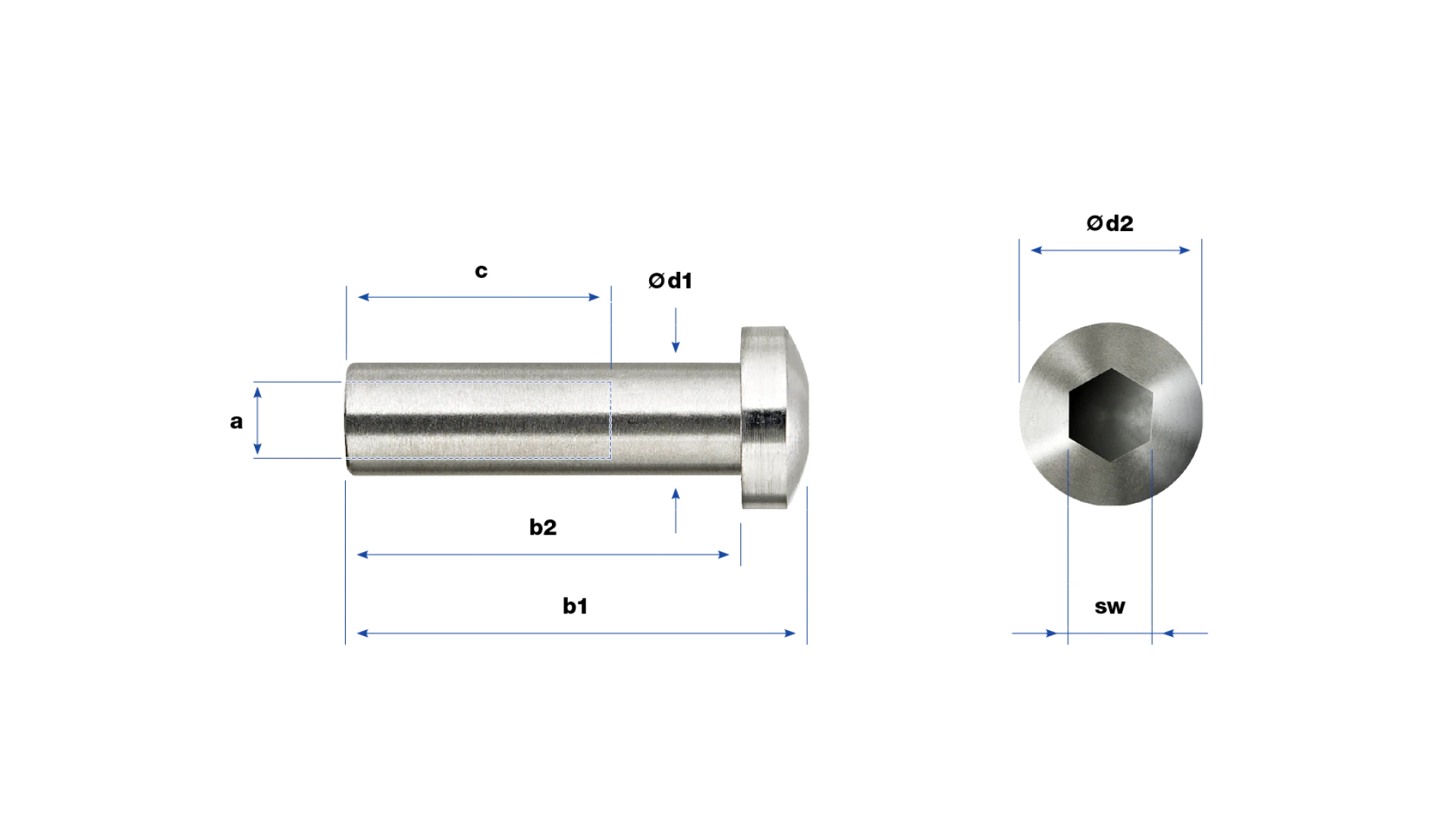 End-stop radius head with internal thread
