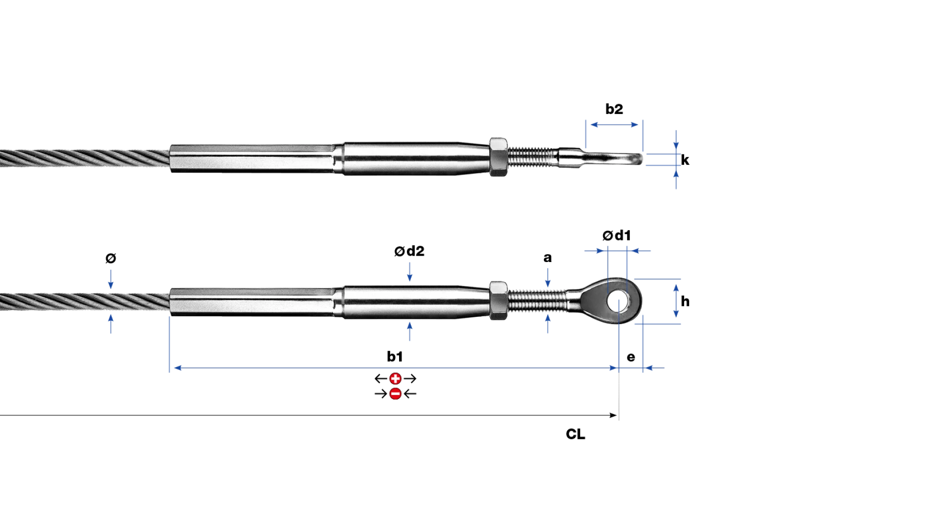 Eye-end and internal thread-end left-hand swaged for rope Ø 10 - 16 mm