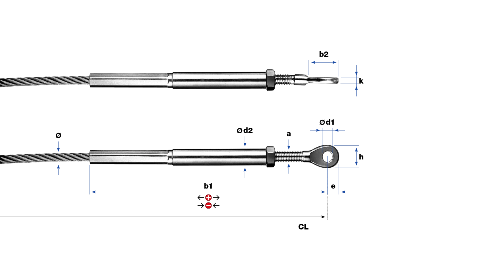 Eye-end and internal thread-end right-hand swaged for rope Ø 3 - 8 mm