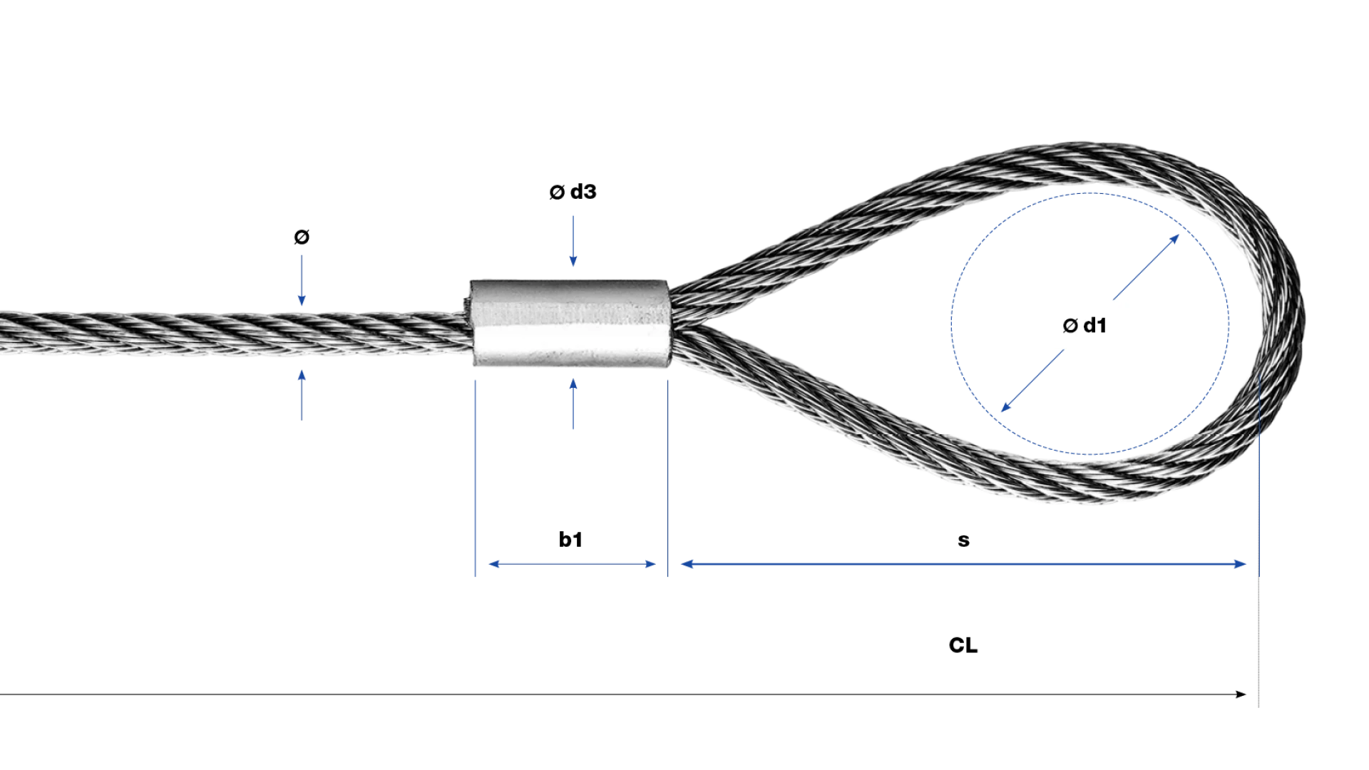 Loop with aluminium sleeve swaged without thimble