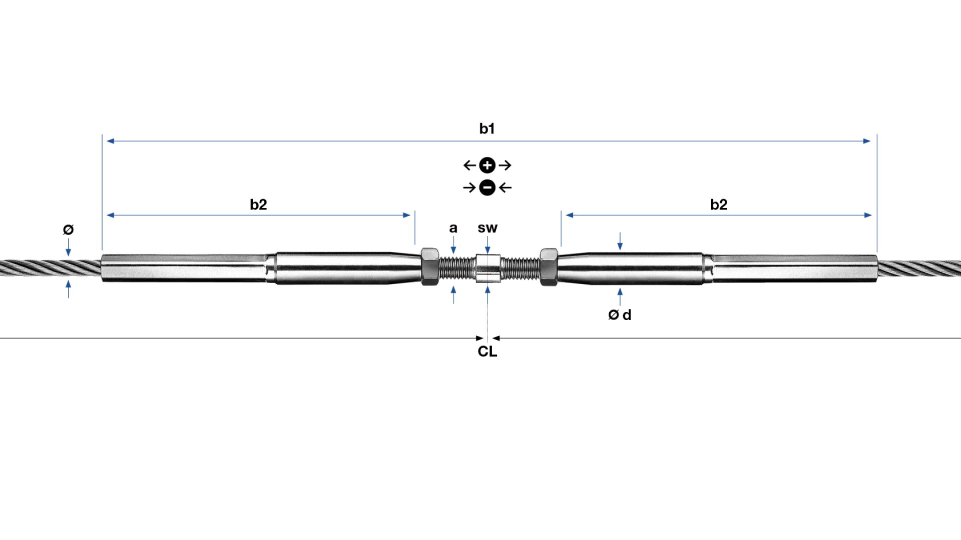 Tensioning screw assembled with internal thread ends swaged for rope Ø 10 - 16 mm