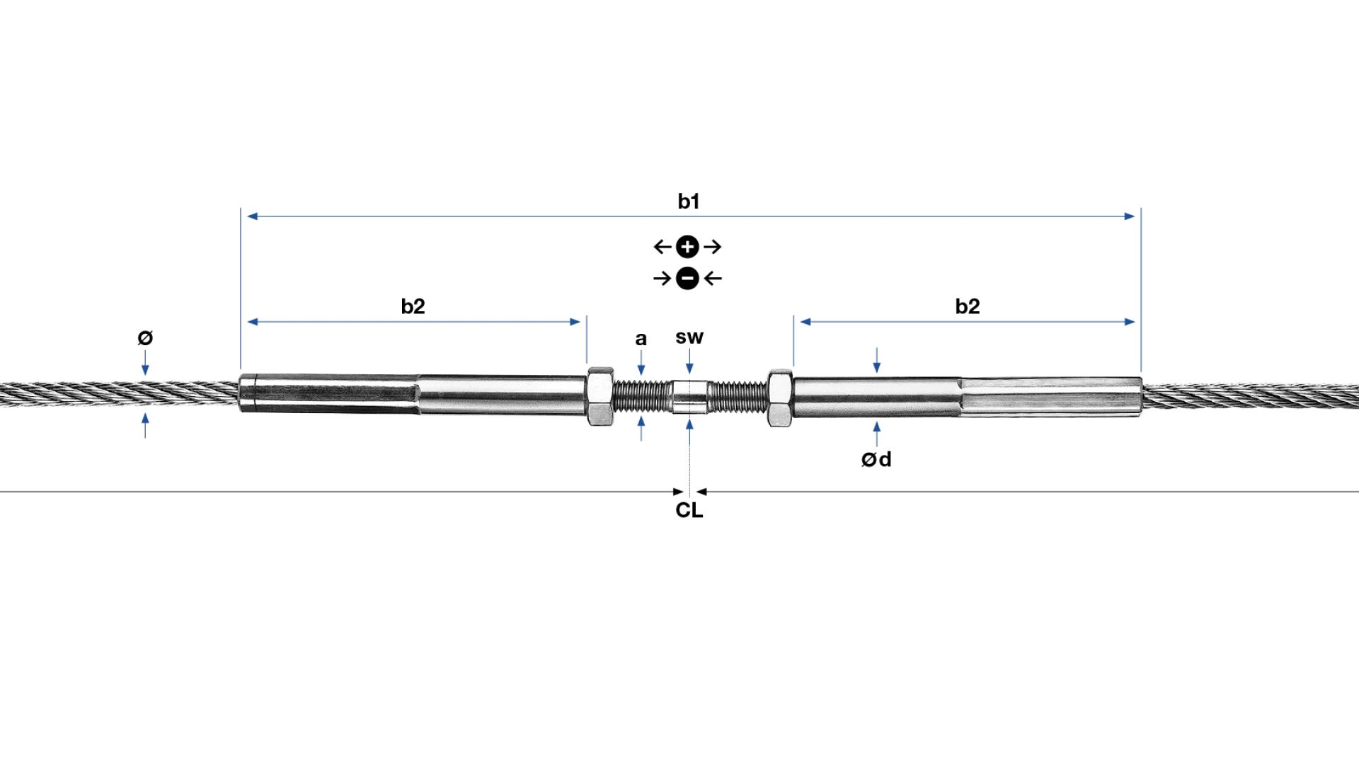 Tensioning screw assembled with internal thread ends swaged for ropeØ 2 - 8 mm