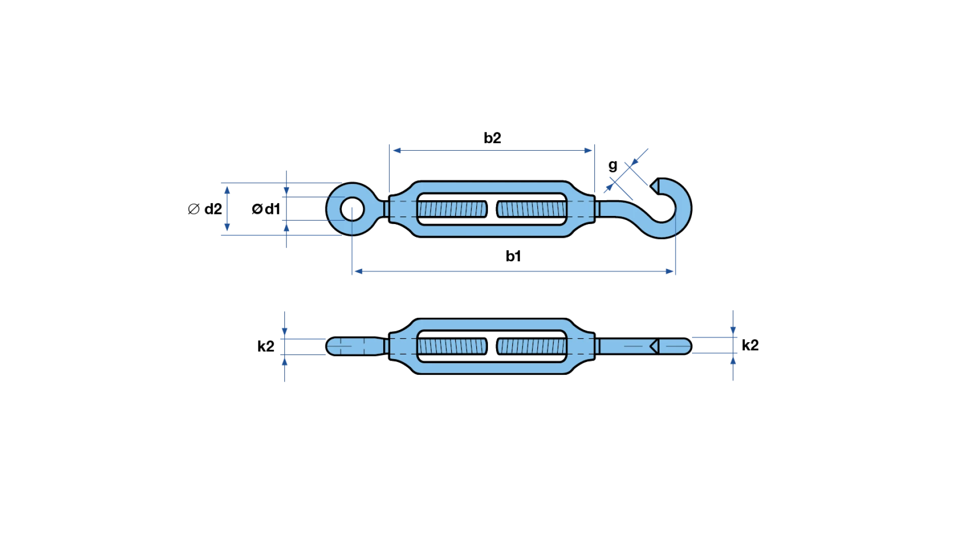 Turnbuckle with hook and eye  stainless steel