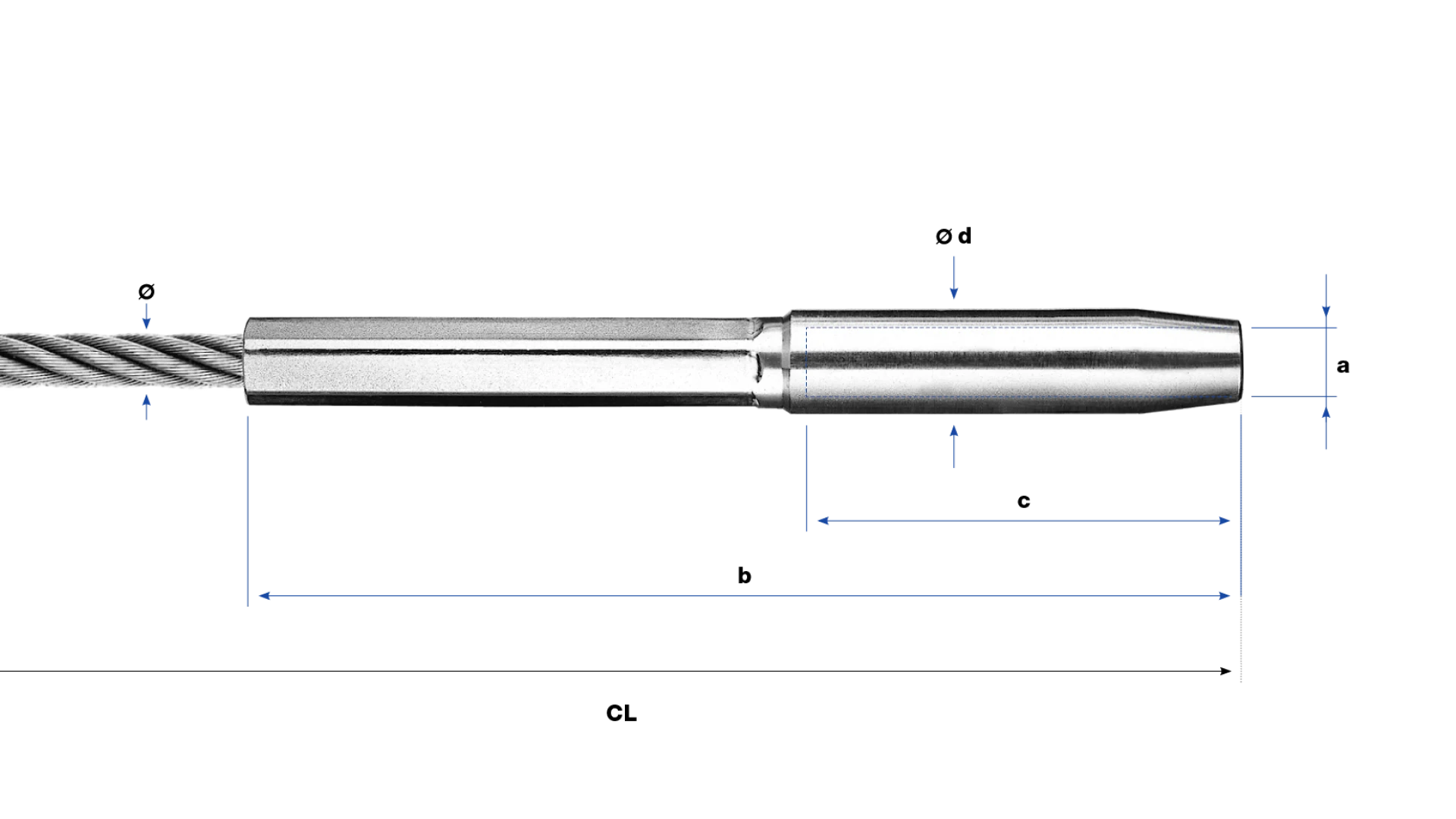 Internal thread end right-hand swaged for rope Ø 10 - 16 mm