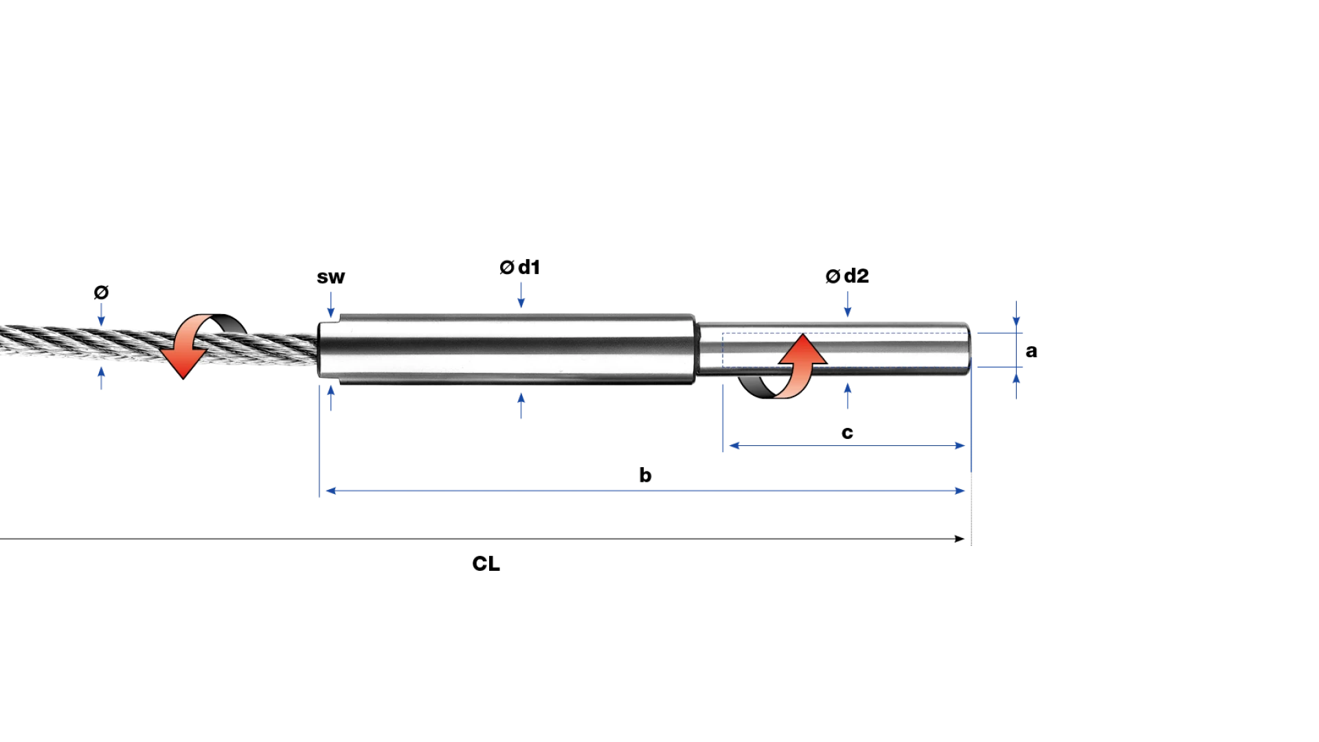Internal thread end swivel swaged