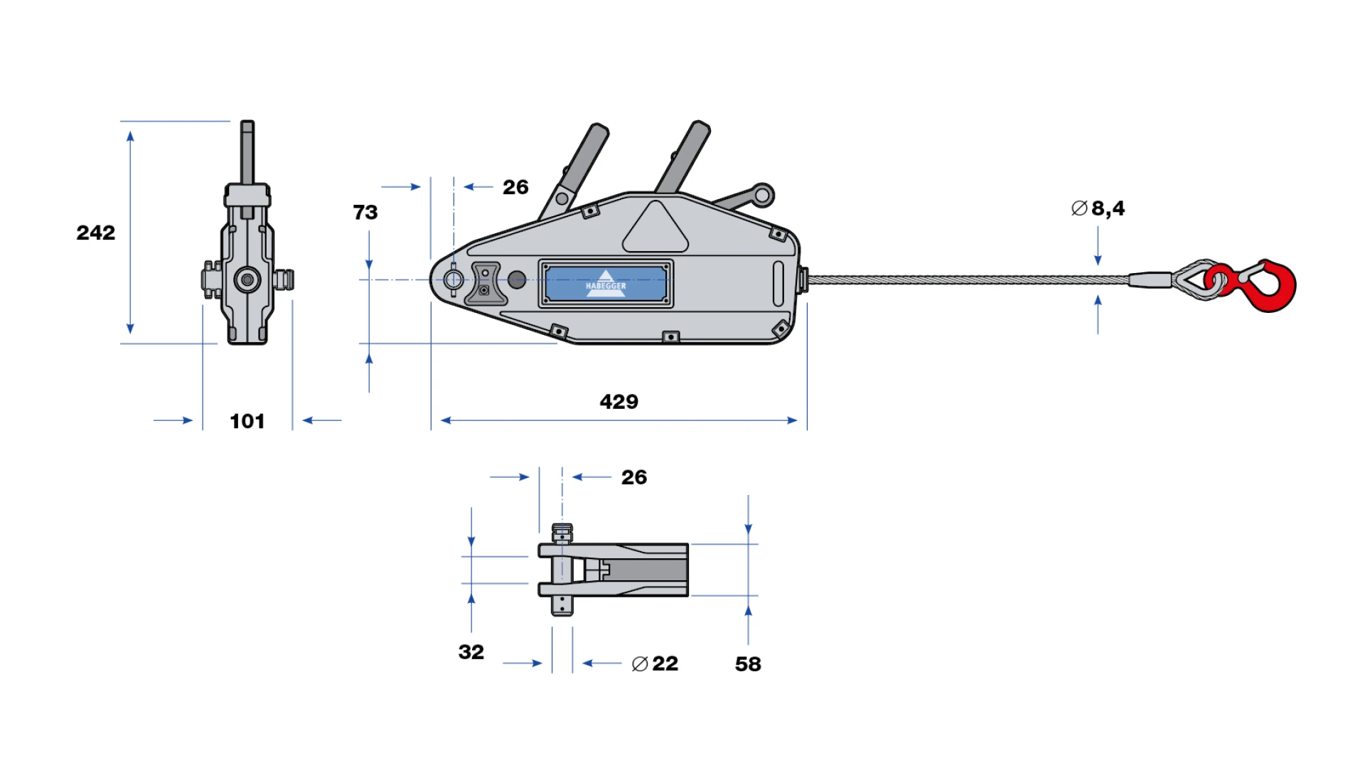 Habegger HIT-10 manual rope hoist  with lever tube and rope on reel