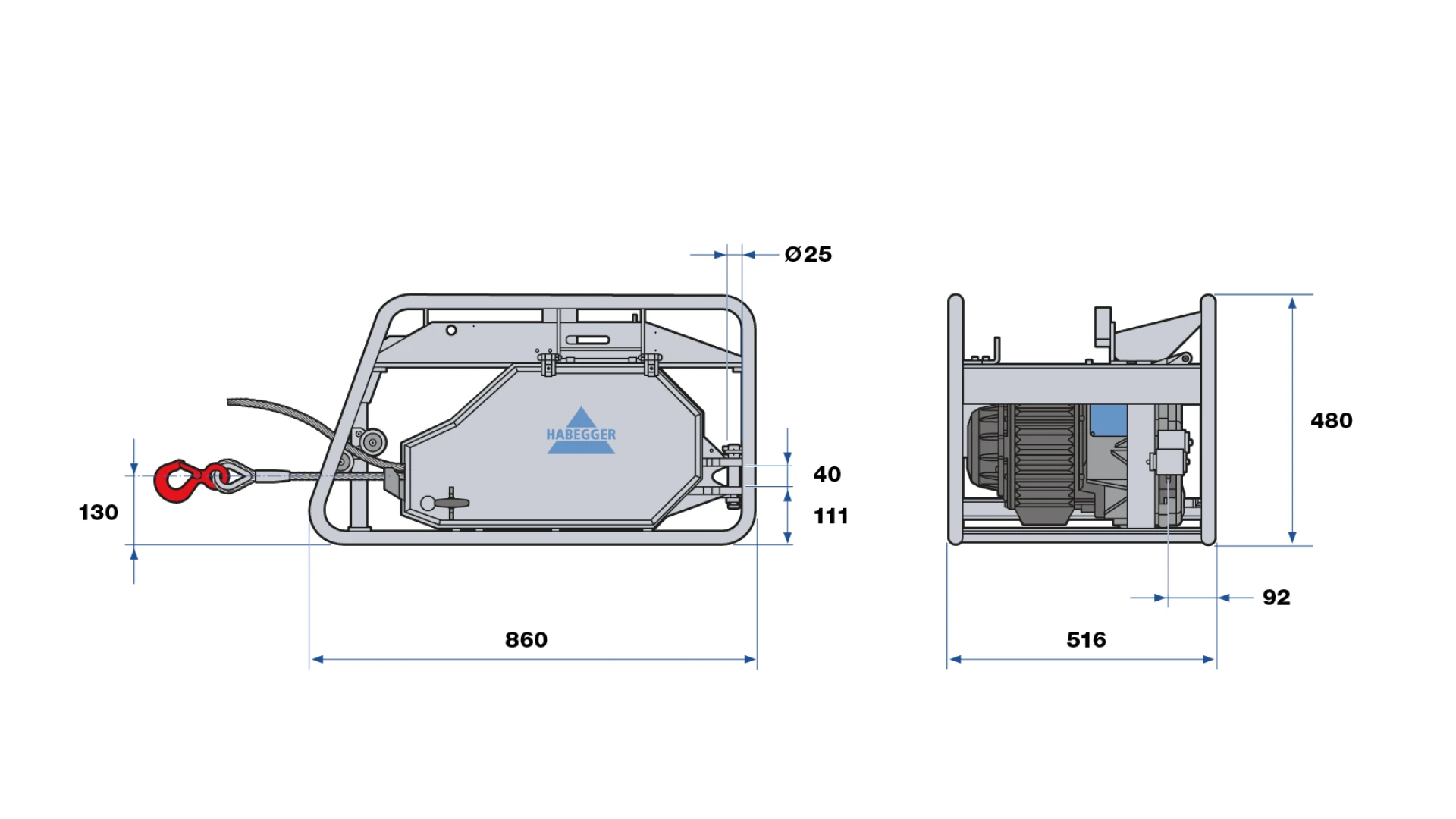 Habegger HIT-TRAC 16E electric motorized rope hoist  in tube frame