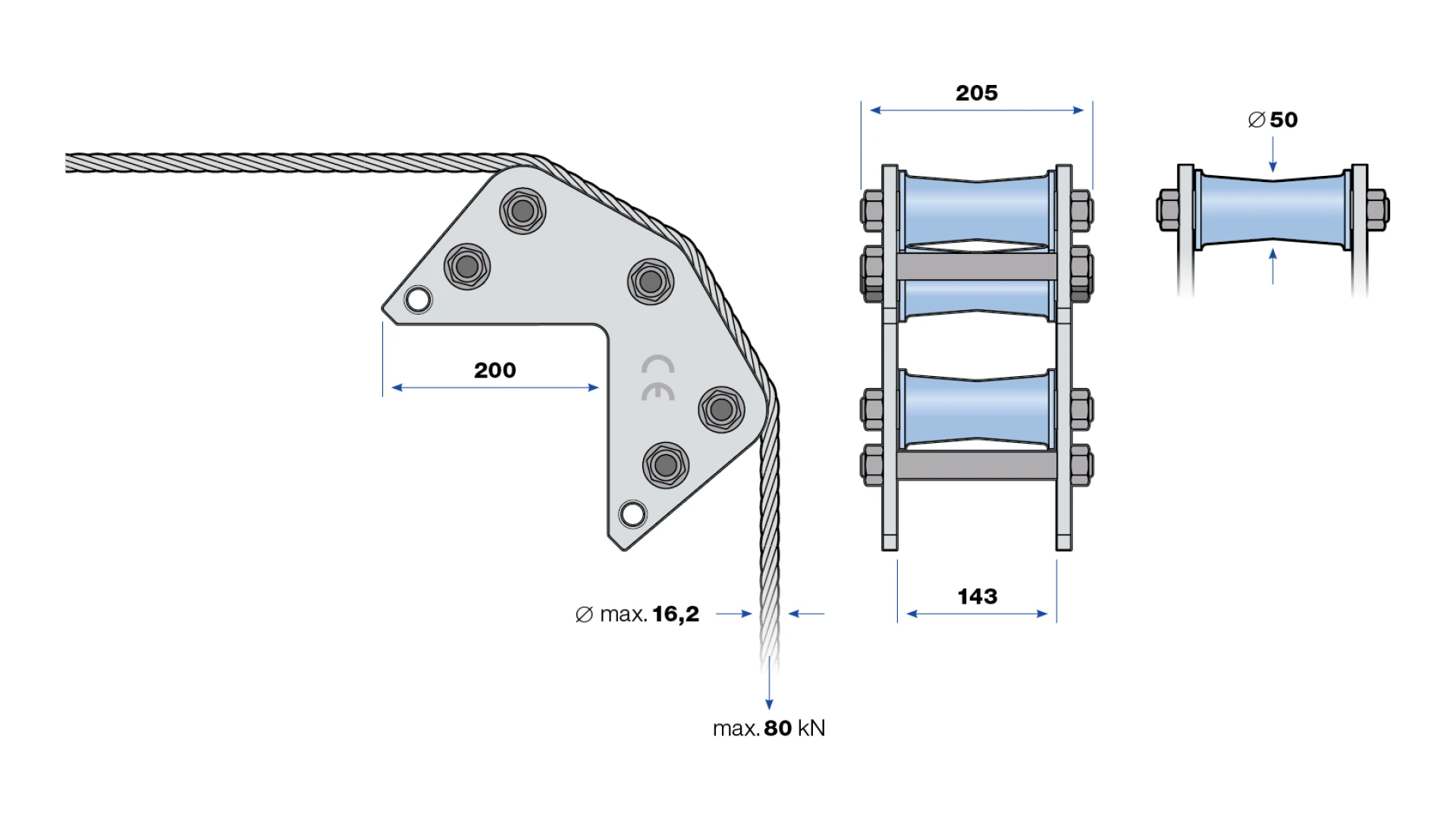 Rope deflection roller 90°