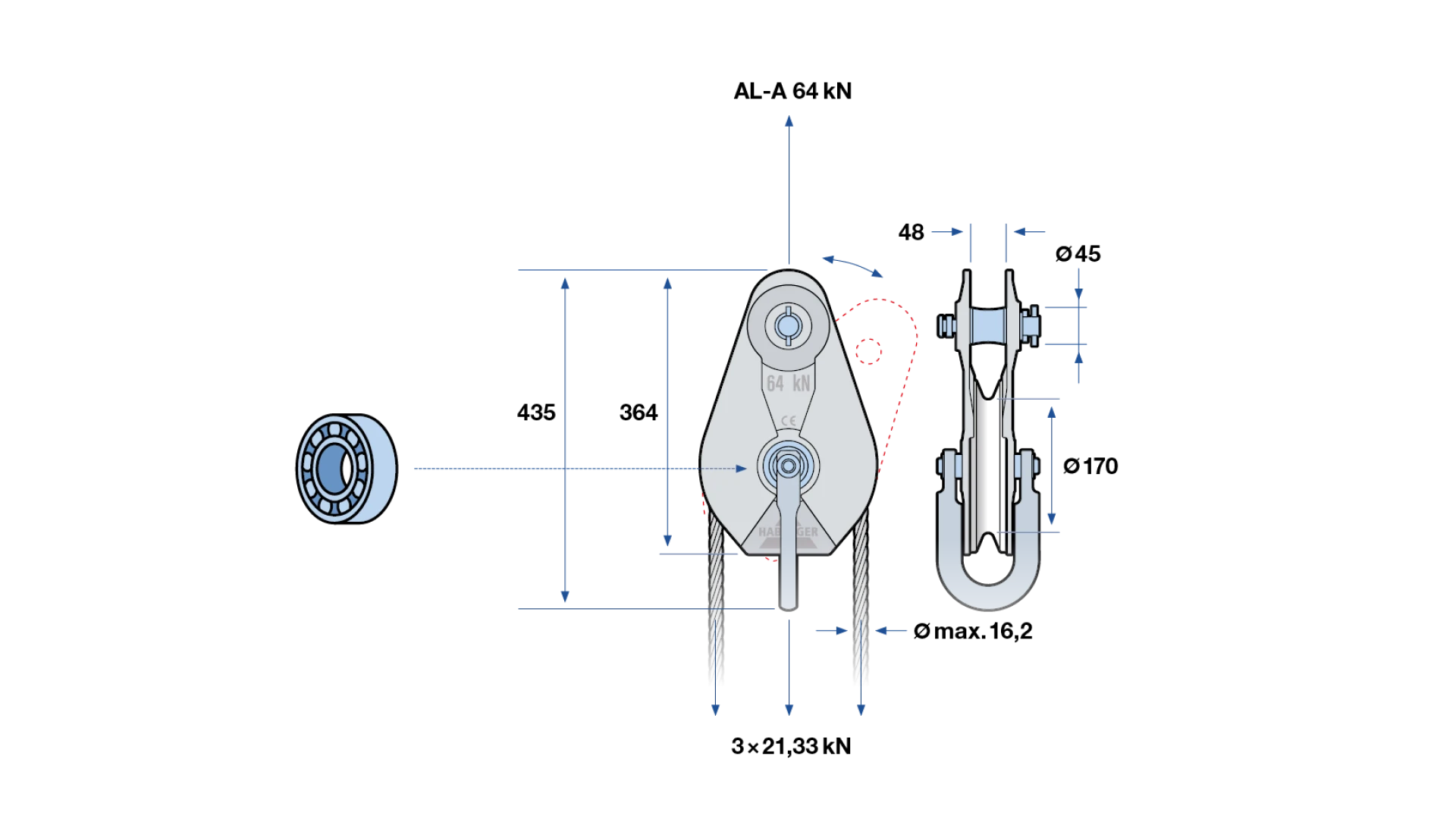 Rope pulley AL-A 1-roller, with ball bearing and anchorage  64 kN