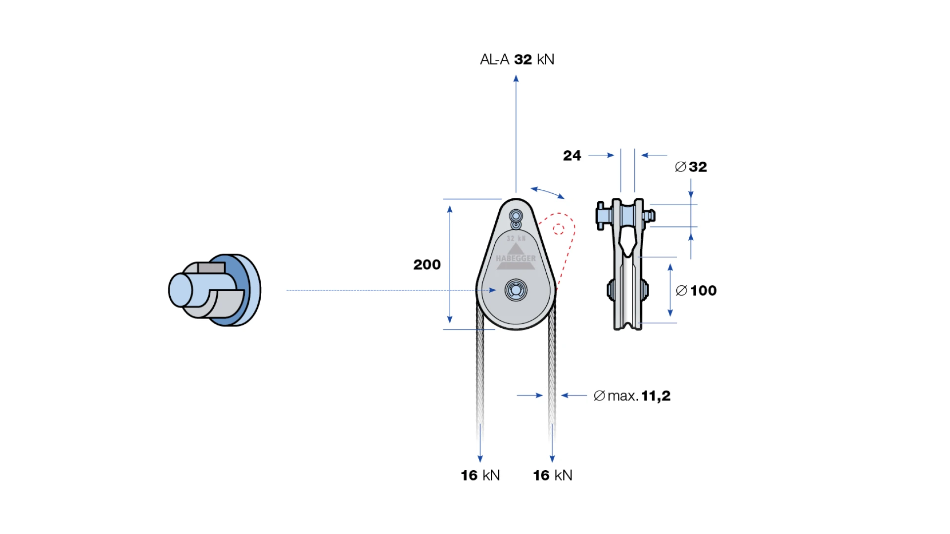 Rope pulley AL-A 1-roller, with plain bearing  32 kN