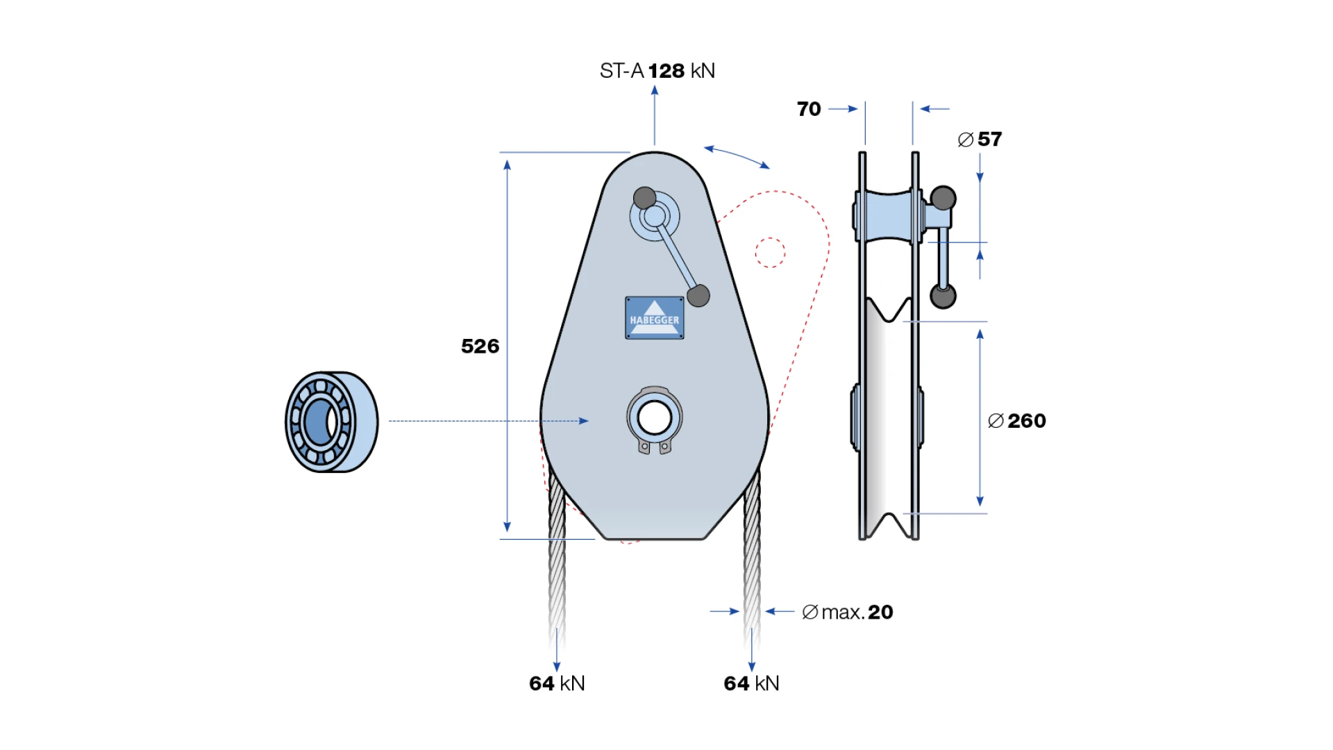 Rope pulley ST-A 1-roller, with ball bearing  128 kN