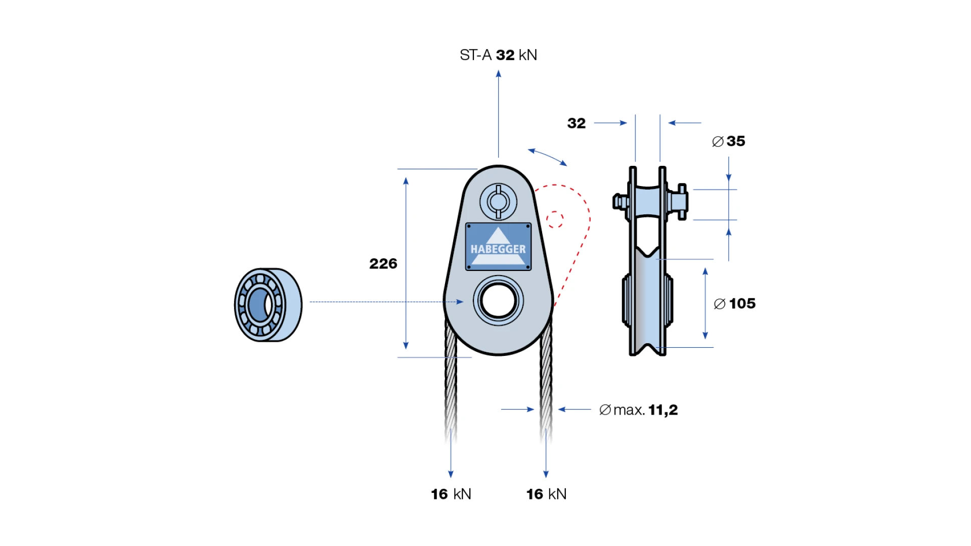 Rope pulley ST-A 1-roller, with ball bearing  32 kN