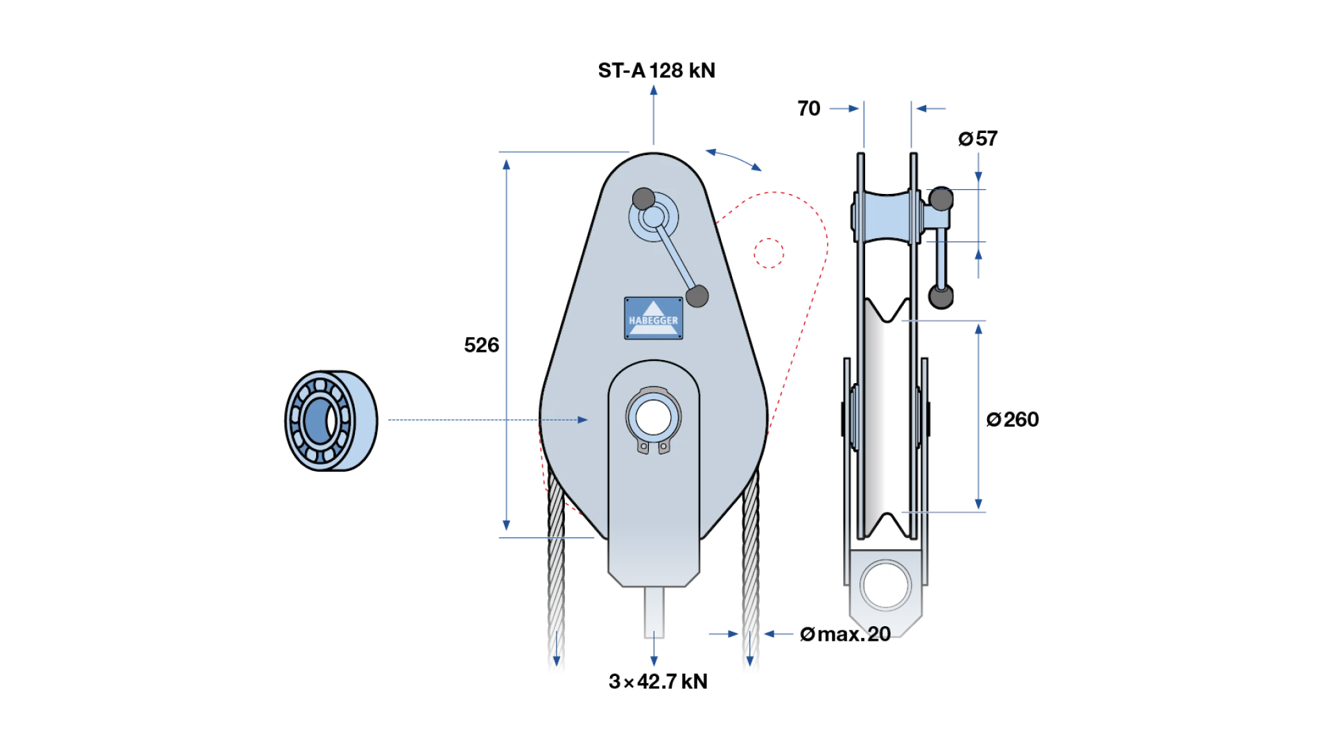 Rope pulley ST-A 1-roller, with ball bearing and anchorage  128 kN