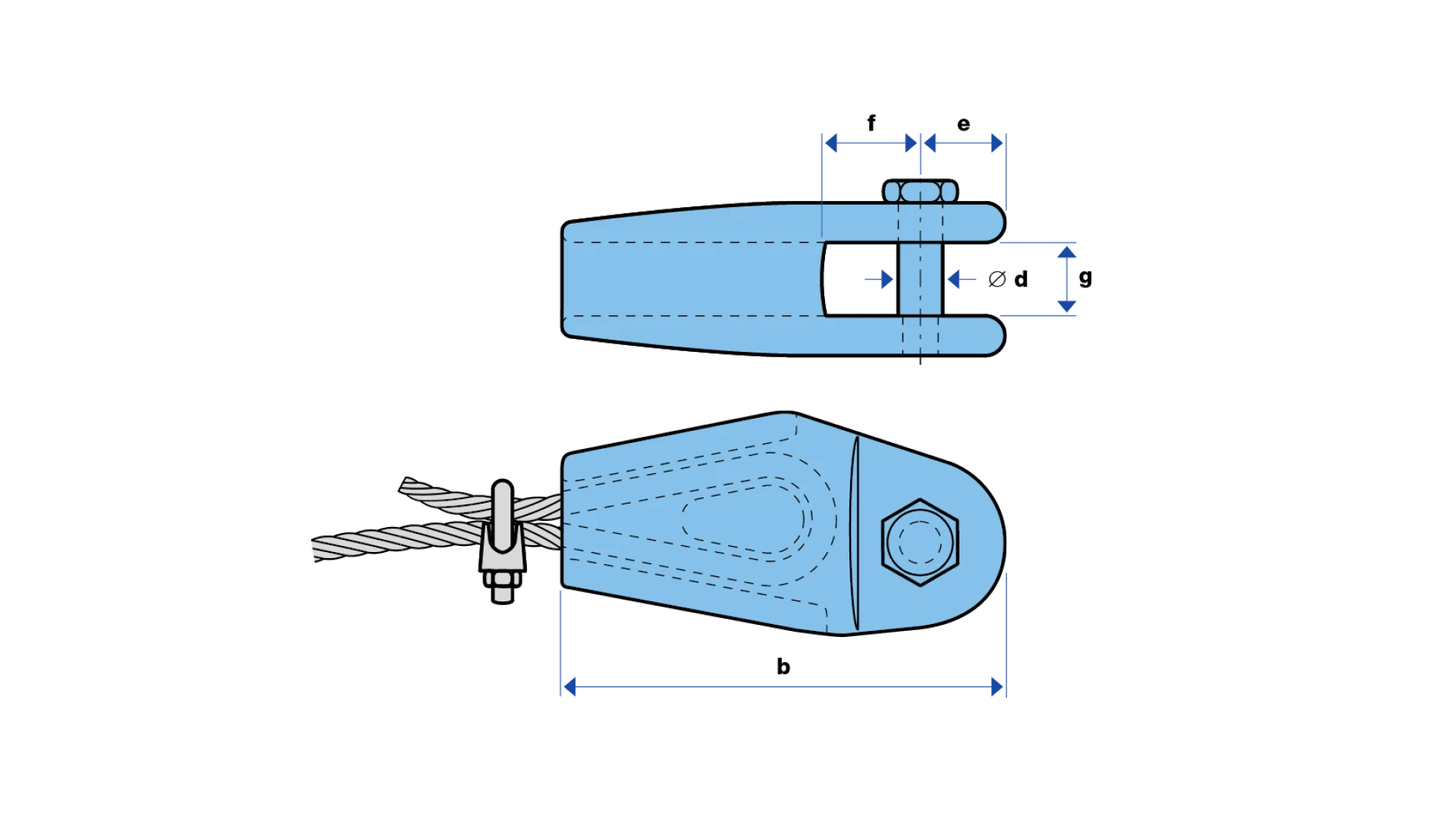 Rope socket with wedge and wire rope clip  short, heavy design
