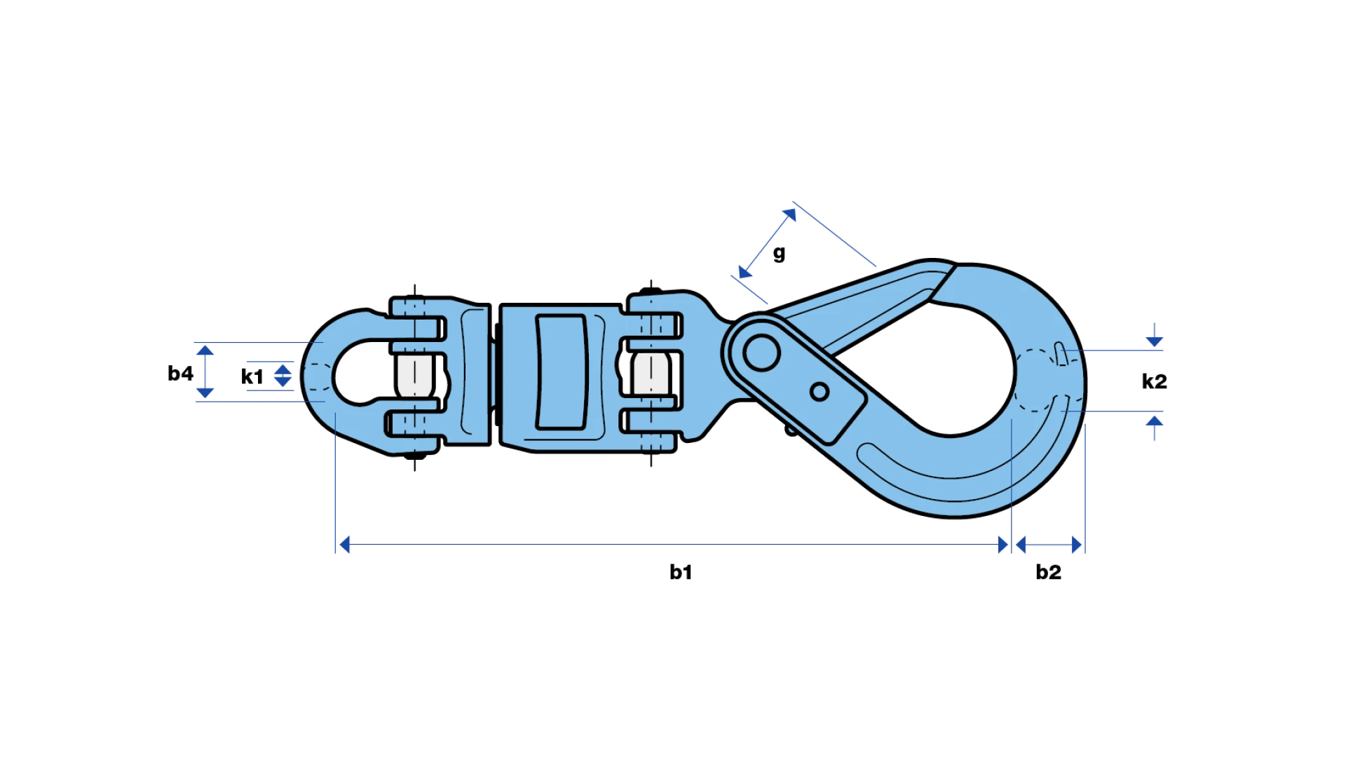 Insulated swivel with half cupling link and self locking hook
