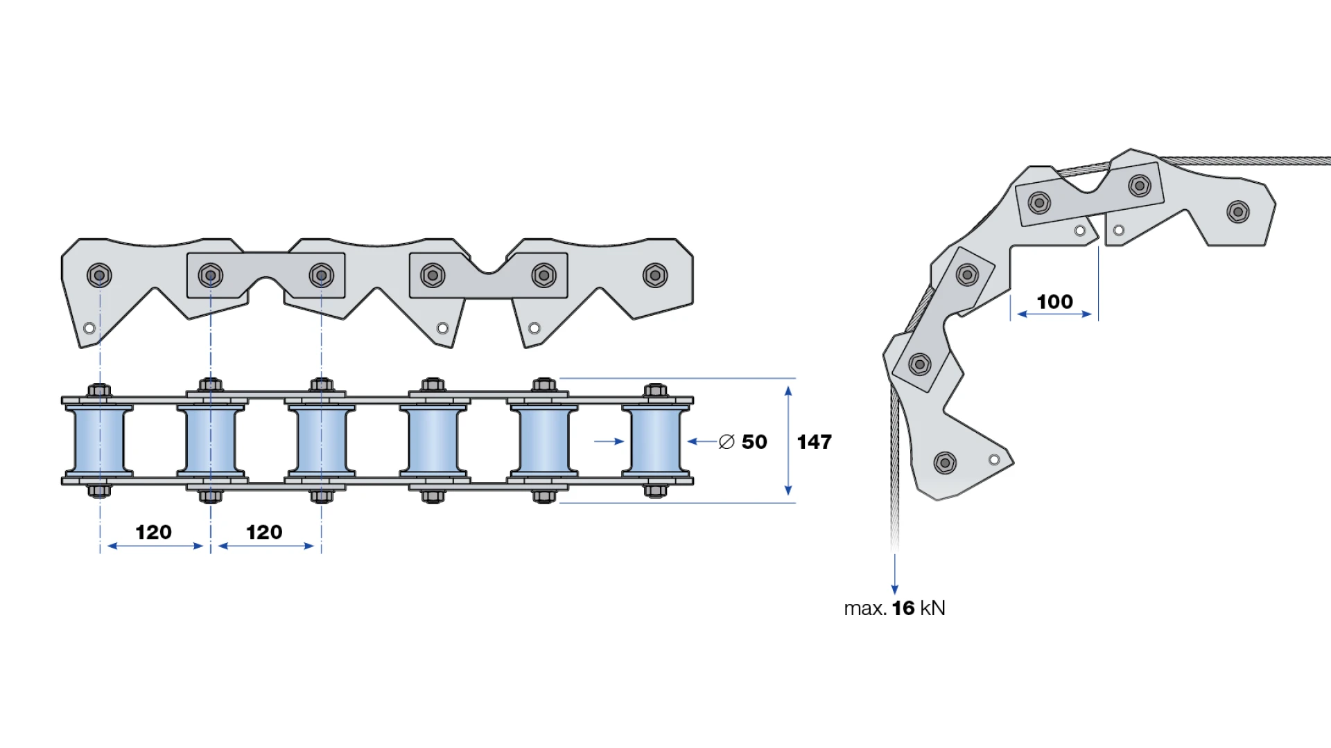 Rope deflection roller trible