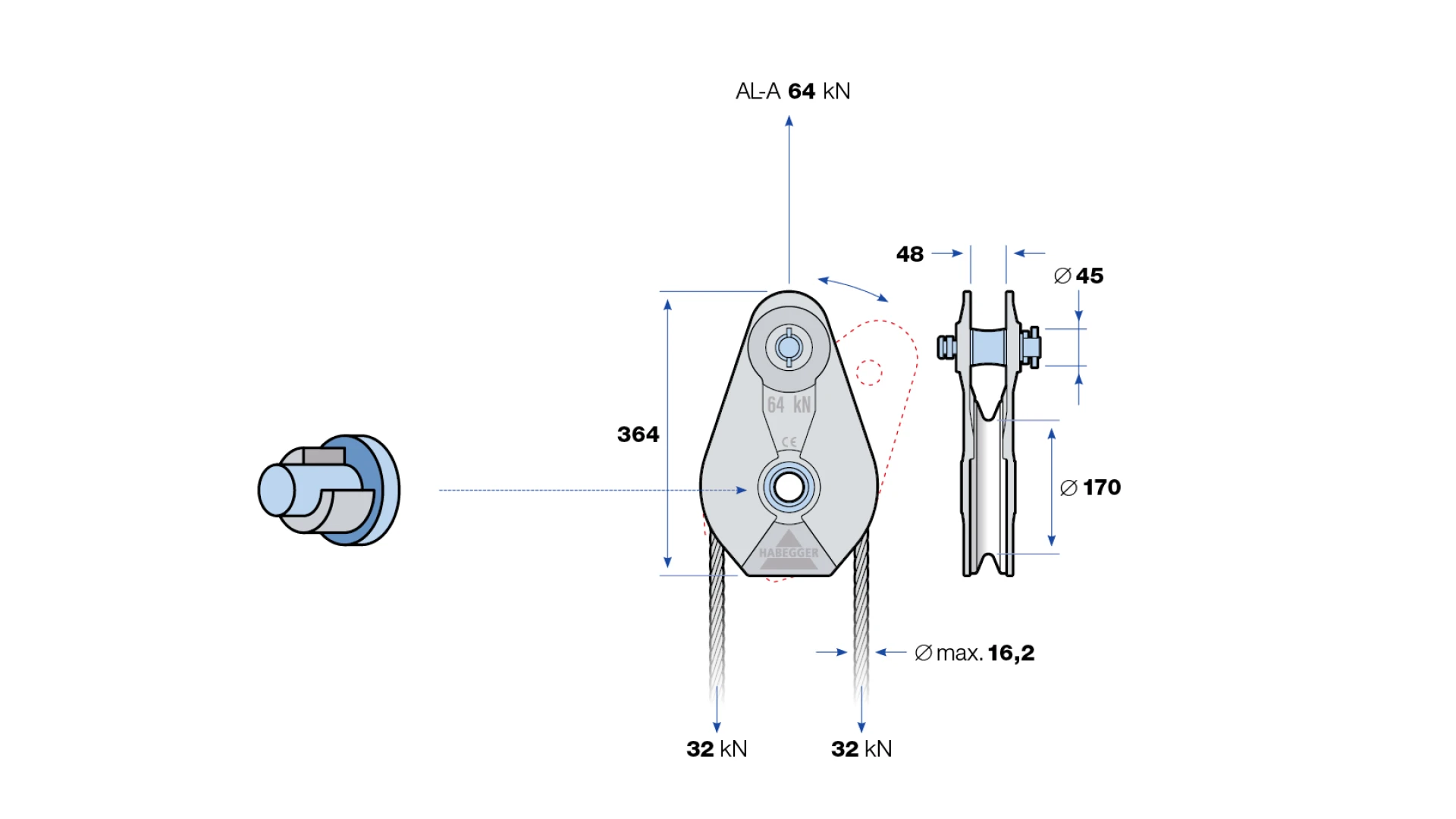 Rope pulley AL-A 1-roller, with plain bearing  64 kN