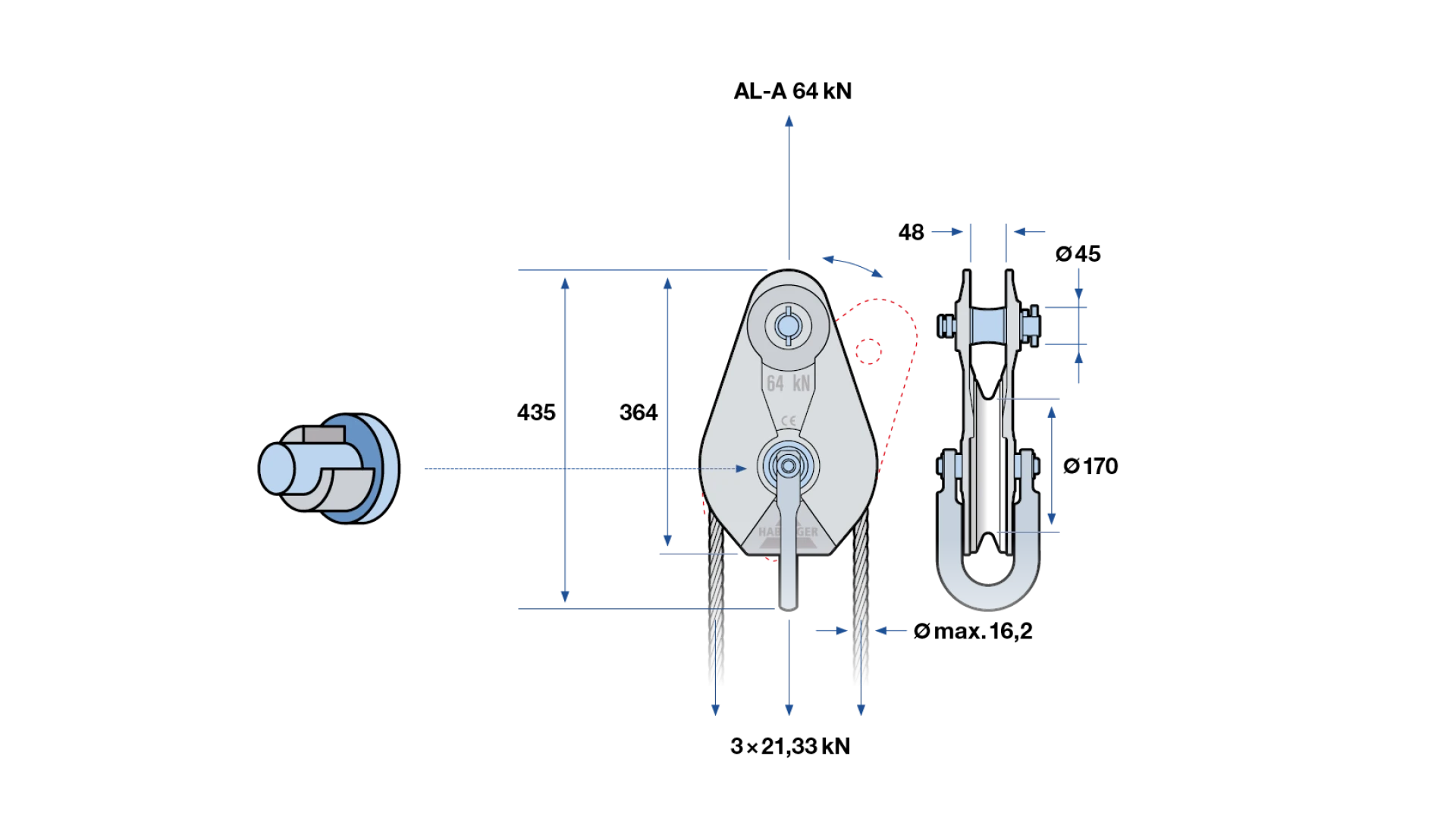 Rope pulley AL-A 1-roller, with plain bearing and anchorage  64 kN