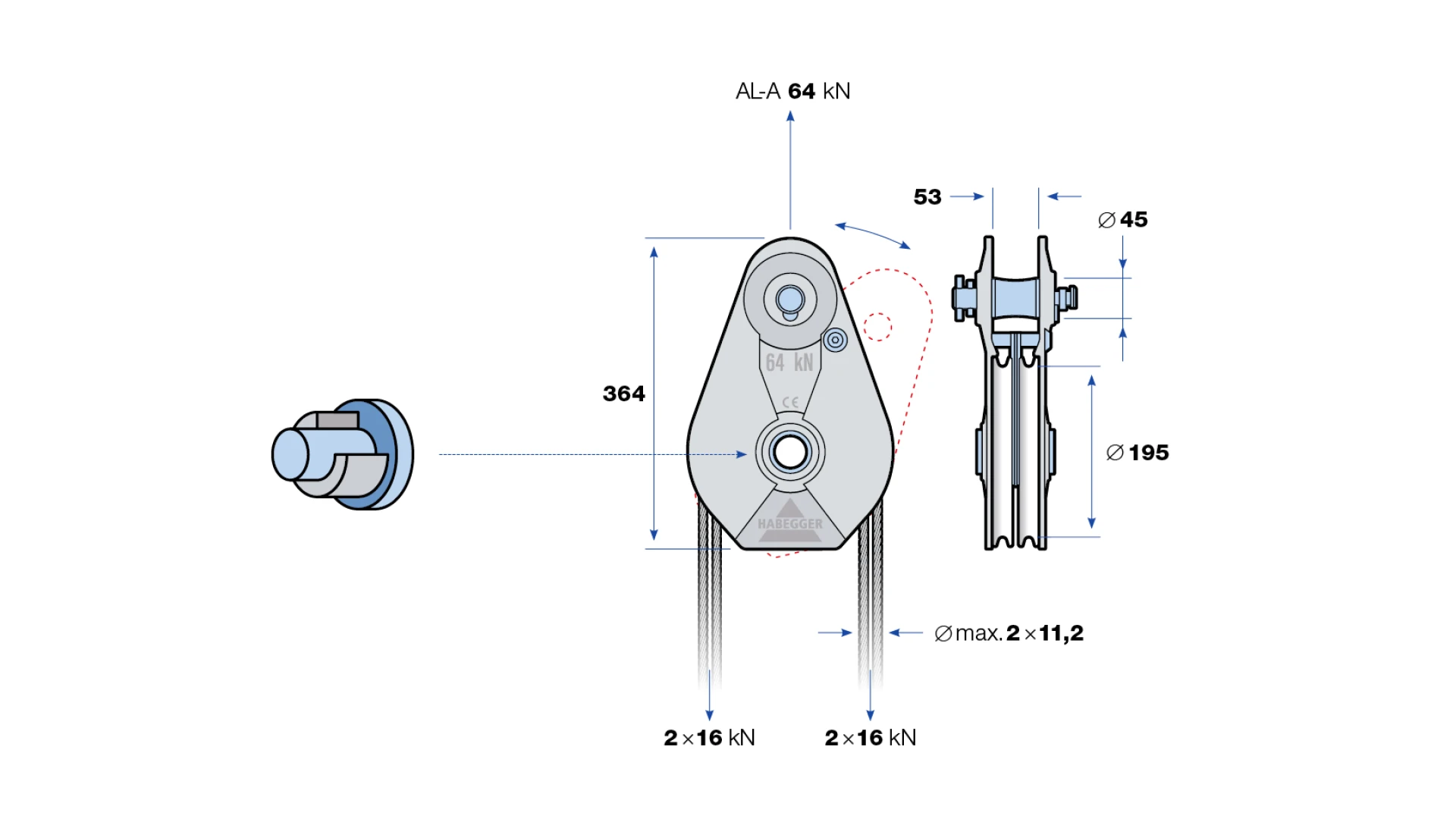 Rope pulley AL-A 2-roller, with plain bearing  64 kN