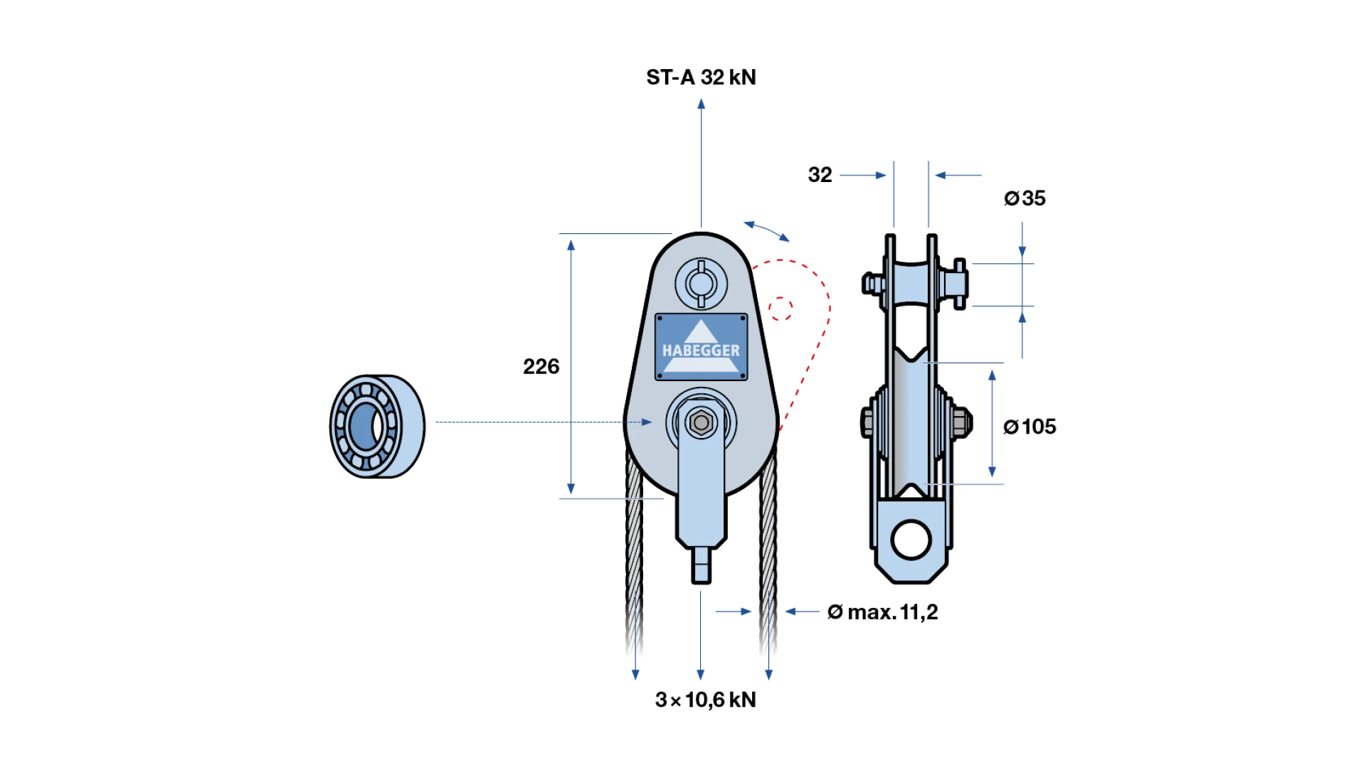 Rope pulley ST-A 1-roller, with ball bearing and anchorage  32 kN