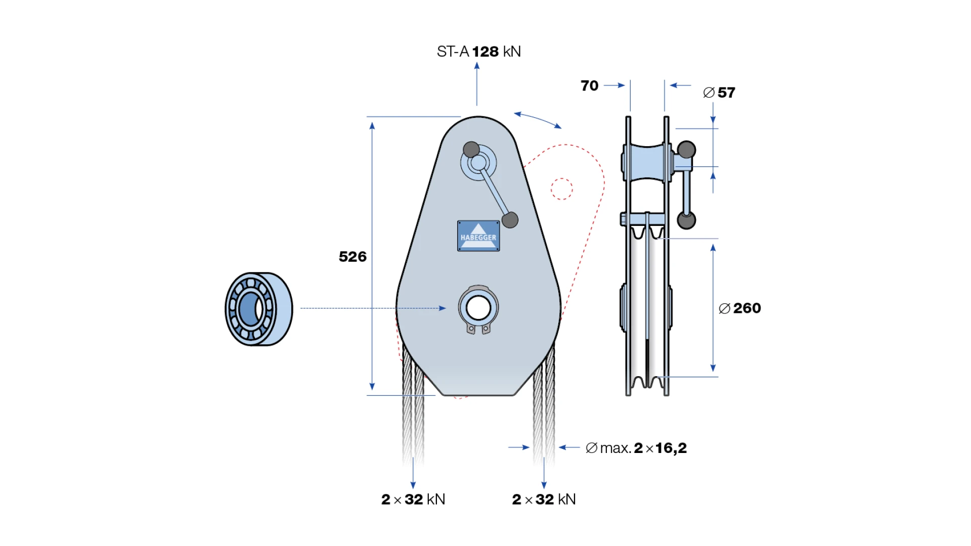 Rope pulley ST-A 2-roller, with ball bearing  128 kN